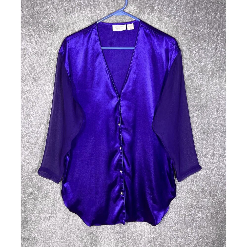 Vintage Victorias‎ Secret Sheer Sleeve Button Up Nightshirt Womens Sz M/L Purple